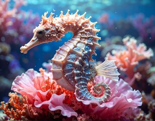 Seahorse nestled in frilly pink coral, illuminated with blue highlights in underwater scene