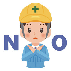 両手でバツのポーズをする作業服を着てヘルメットを被った男性　上半身イラスト／Man wearing work clothes and a safety helmet making a cross gesture with both hands, upper body illustration