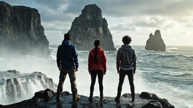 Three friends on a cliff overlooking a stormy sea with large waves crashing against rocks and sea stacks.