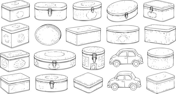 Vintage Storage Tins and Decorative Metal Boxes with Classic Toy Cars - Hand-Drawn Black and White Line Art Collection of Retro Containers for Packaging and Home Decor