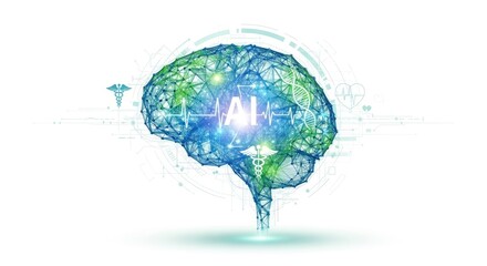 A digital brain with the letters 'AI' in the center, surrounded by various medical and technological symbols.