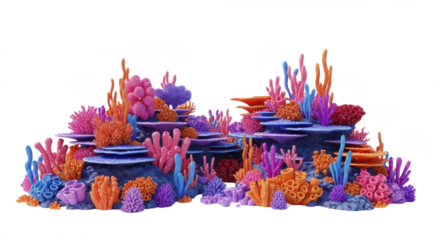 Colorful coral reef with pink, orange, and blue corals. isolated illustration transparent background