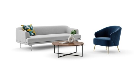 A modern sofa and armchair with a blue cushion and a wooden coffee table.