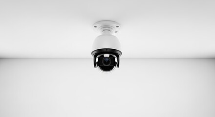 A white security camera mounted on a white ceiling.