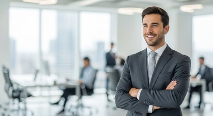 Fototapeta premium A confident businessman standing in a modern office with his arms crossed, smiling warmly.