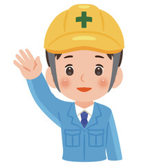 片手を高く上げた作業服を着てヘルメットを被った男性　上半身イラスト／Man wearing work clothes and a safety helmet raising one hand high, upper body illustration