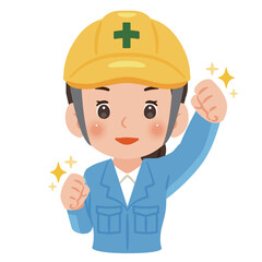 やる気のある作業服を着てヘルメットを被った女性　上半身イラスト／Motivated woman wearing work clothes and a safety helmet making a fist pump, upper body illustration