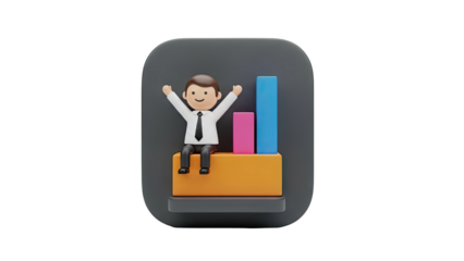 3D Happy businessman on bar chart, success and growth concept on transparent background