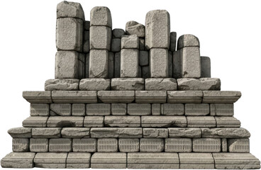 Ancient weathered stone ruins featuring intricately carved rectangular blocks stacked upon a tiered rough hewn stone platform base with detailed rectangular textures Monument Structure