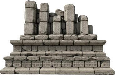 Ancient weathered stone ruins featuring intricately carved rectangular blocks stacked upon a tiered rough hewn stone platform base with detailed rectangular textures Monument Structure