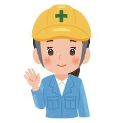 片手を上げて挨拶する作業服を着てヘルメットを被った女性　上半身イラスト／Woman wearing work clothes and a safety helmet waving lightly in greeting, upper body illustration