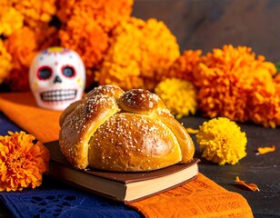 Day of the Dead bread placed on a book, surrounded by marigolds and a painted sugar skull
