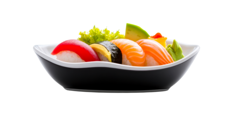 Colorful fresh sushi selection of nigiri and maki served in a black bowl, perfect for showcasing healthy Japanese cuisine in restaurant menus or food advertisements.