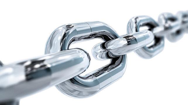 A shiny metallic chain with several strong links closely connected, symbolizing resilience, unity, and protection, excellent for representing business, technology, or industrial solutions