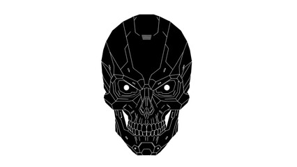 Obraz premium Black robotic skull illustration with glowing eyes on a white background.