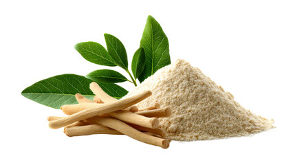 Natural Ashwagandha roots, fine powder, and vibrant green leaves perfectly arranged for health supplements, herbal medicine, and wellness product packaging