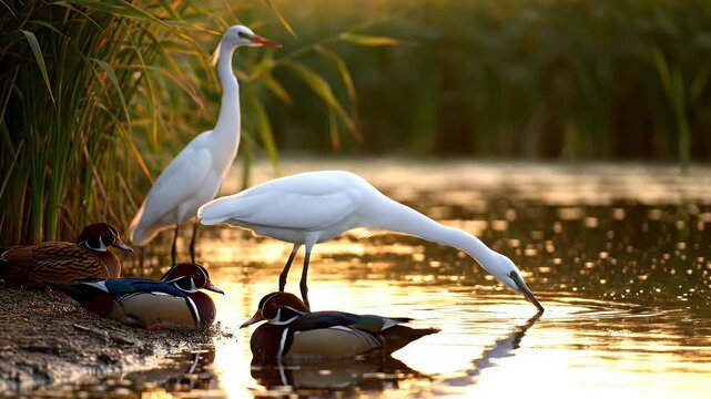 Two white egrets standing and feeding by calm water at sunset.