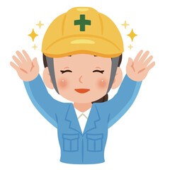 両手を上げて万歳する笑顔の作業服を着てヘルメットを被った女性　上半身イラスト／Smiling woman wearing work clothes and a safety helmet raising both hands in celebration, upper body illustration