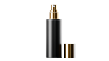 Luxury black spray bottle with elegant gold pump and matching detached cap ready for cosmetic product branding and beauty industry packaging presentations