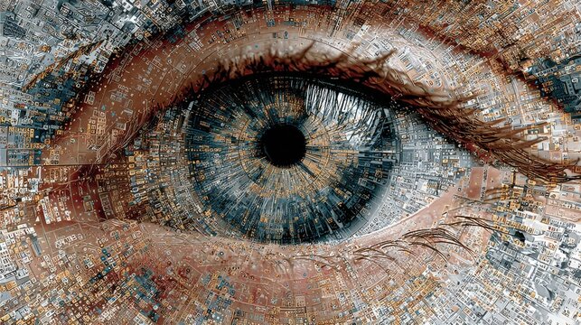 Extreme Close-up of a Human Eye with a Digital Circuit Board Pattern Overlay macro iris - Powered by Adobe