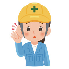 聞き耳を立てる作業服を着てヘルメットを被った女性　上半身イラスト／Woman wearing work clothes and a safety helmet listening carefully with a hand to his ear, upper body illustration