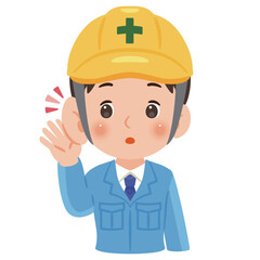 聞き耳を立てる作業服を着てヘルメットを被った男性　上半身イラスト／Man wearing work clothes and a safety helmet listening carefully with a hand to his ear, upper body illustration
