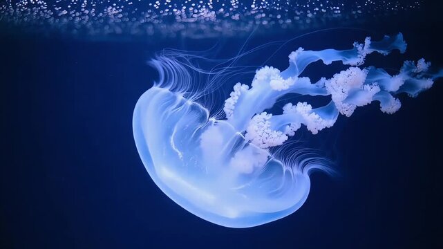 Translucent jellyfish with glowing bioluminescent fibers drifting in deep blue water, cinematic marine life background conveying calm, mystery, and organic beauty for nature and science visuals.