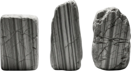 Three Distinct Vertically Striped Metamorphic Rock Samples Displaying Alternating Bands Of Light And Dark Mineral Grains With Visible Surface Fissures And Fractures On A Transparent Background