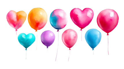 Joyful collection of watercolor balloons in diverse heart and oval shapes with gradient colors, ideal for festive celebrations, happy birthday events, and playful seasonal greetings.