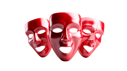 Three striking red masks with blank expressions symbolize anonymity and group dynamics for use in corporate presentations, psychological studies, or dramatic marketing campaigns.