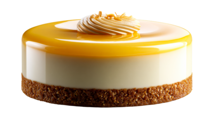 Delicious contemporary cheesecake with a glossy mango glaze and crumbly base, perfect for upscale bakery promotions and gourmet dessert menus