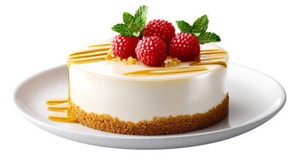 Delicious creamy cheesecake dessert with fresh red raspberries, green mint leaves, and golden caramel drizzle for food blogs, restaurant menus, or sweet recipe publications