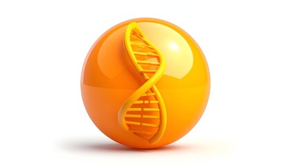 Orange sphere with bright, twisted DNA structure emerging from it, isolated on white