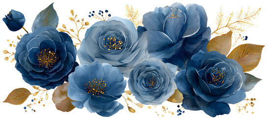 Set watercolor design elements of roses collection garden navy blue flowers, leaves, gold branches, Botanic illustration isolated on white background.