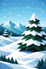 Obraz premium Winter Landscape with Snow-Covered Pine Trees and Mountains, Vector Illustration
