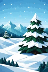 Fotobehang Blauw Winter Landscape with Snow-Covered Pine Trees and Mountains, Vector Illustration  © Rehman