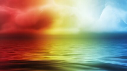 Obraz premium a vibrant spectrum horizon reflecting on serene waters, an ethereal landscape bathed in saturated hues and tranquil reflections, evoking calmness