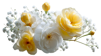 A beautiful and elegant floral arrangement featuring vibrant yellow and delicate white roses with airy babys breath perfect for spring and summer celebrations and special events.