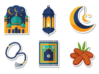 Set of colorful stickers with Islamic symbols for Ramadan and Eid celebrations, isolated on white