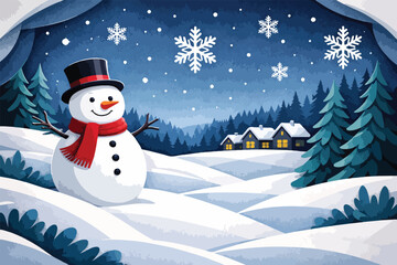 Naklejka premium Snowman Smiling in Snowy Winter Landscape with Falling Snowflakes, Pine Trees, and Distant Houses and Cartoon Illustration