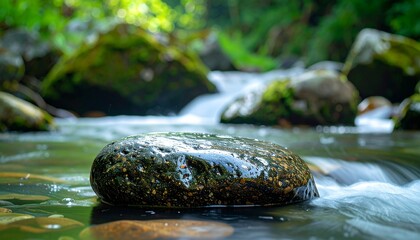 Wet Rock in Clear Flowing Mountain Stream