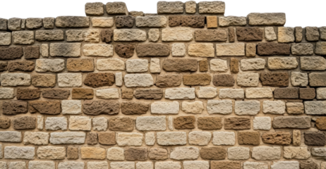Texture of an old weathered stone wall constructed with rectangular and square blocks in various shades of brown tan and gray showcasing rough surfaces and mortar joints Background