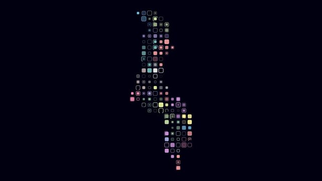 Malawi animated country shape. Pulsating colored dots on the map of the country. Large size rounded square blocks. Digital style Malawi map on dark background. Plain animation video.