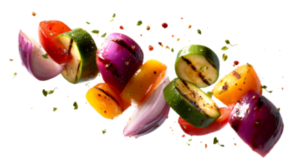 Delicious grilled vegetables including zucchini, red onion, yellow bell pepper, and tomato slices dynamically flying through the air, perfect for healthy recipe books and culinary promotions