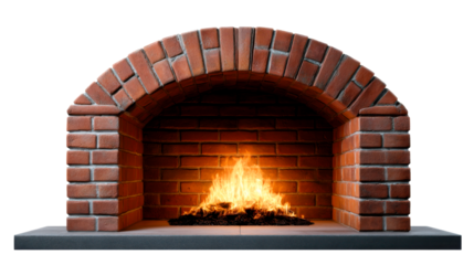 Traditional red brick arched fireplace featuring a roaring warm fire, creating a cozy and inviting atmosphere for home interiors, comfort, or seasonal decorations