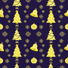 Seamless Christmas pattern with pixel art style holiday elements. Repeating background featuring Christmas trees, bells, snowflakes, hearts, bows, and ornaments in yellow on dark blue background.