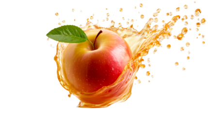 Fresh red and yellow apple with a vibrant green leaf generating a refreshing splash of golden juice and suspended droplets, ideal for natural beverage advertising and healthy eating