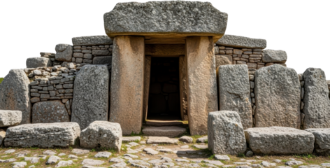 Ancient megalithic dolmen entrance structure constructed with massive rough hewn granite stone slabs and smaller dry stacked wall masonry featuring a dark passage opening Tomb Prehistoric