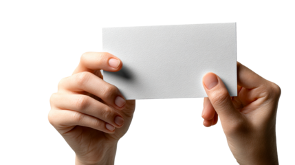 Professional human hands presenting a blank customizable white textured paper card, perfect for showcasing business information, product details, or personal messages in various commercial