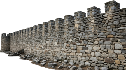 Ancient gray stone fortress wall featuring crenellations along the top edge and scattered rubble stones at the weathered base isolated on black Barrier Structure Masonry Historic Rock
